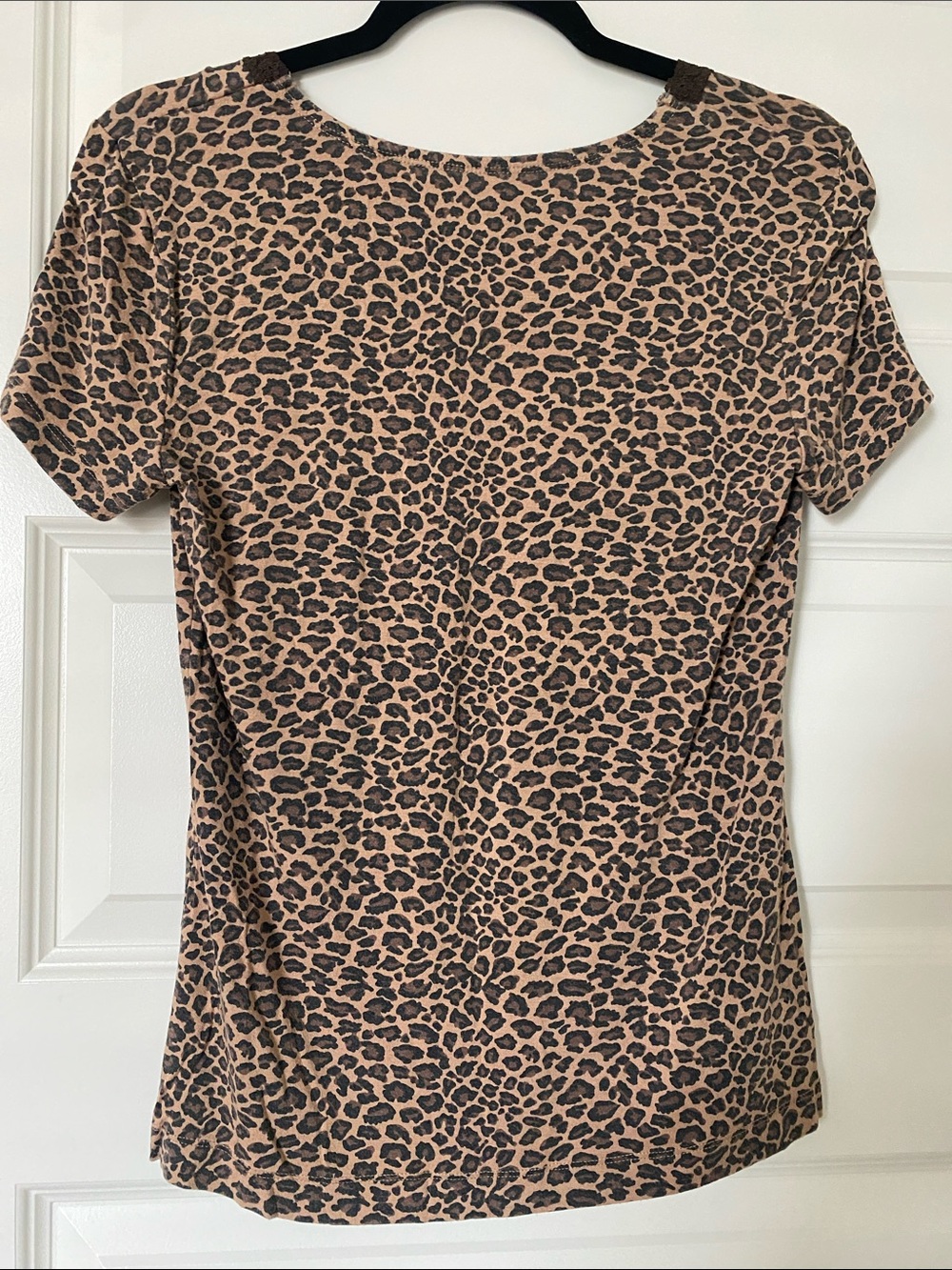 Adonna Short Sleeve Leopard Print Tee with Lace V-Neck - Tan and Brown - Picture 3 of 3